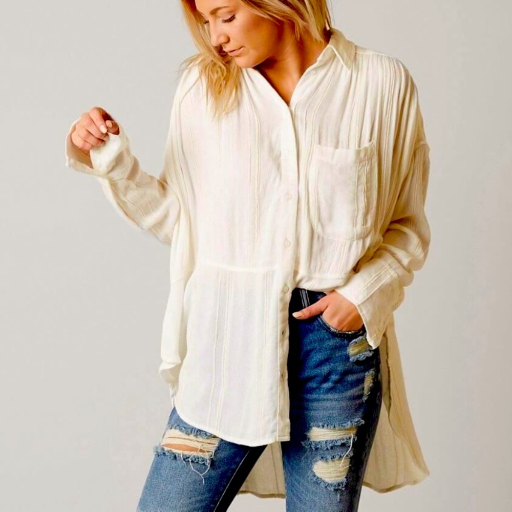 Free People | White Cozy Nights Oversized Shirt L